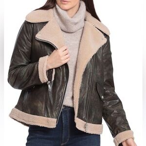 Avec Les Filles Medium Vintage Wash Faux Shearling Faux Leather Jacket Brown Tan